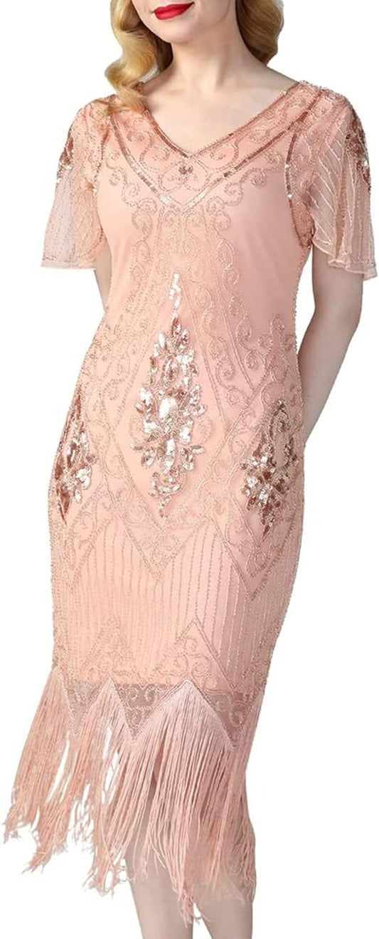 Women'S Flapper Dresses 1920S Sequins Art Deco Gatsby Cocktail Dress with Sleeve