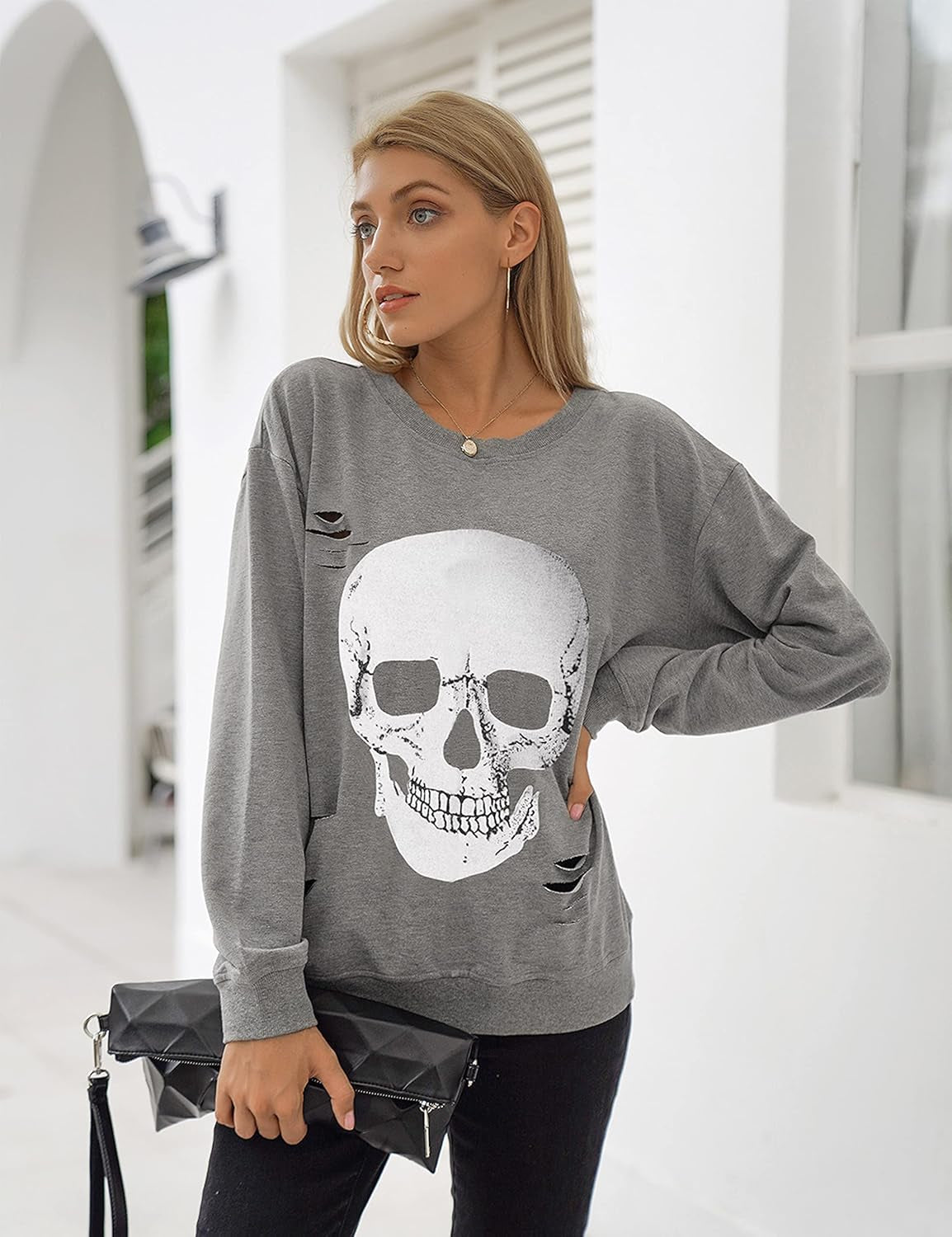 Women'S Crewneck Sweatshirt Skull Graphic T Shirts Long Sleeve Top Pullover Oversized Sweaters