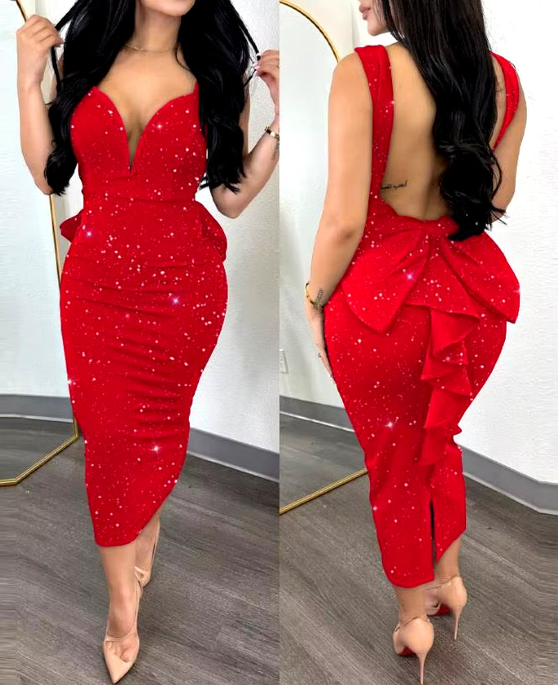 Elegant Dresses for Women Sexy Plunge Ruffle Hem Backless Party Dress 2023 Autumn Summer Spring Fashion Casual